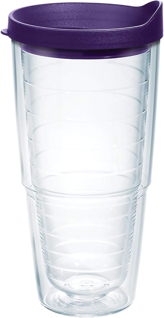 Clear & Colorful Lidded Made in USA Double Walled Insulated Tumbler Travel Cup Keeps Drinks Cold & Hot, 24Oz, Royal Purple Lid