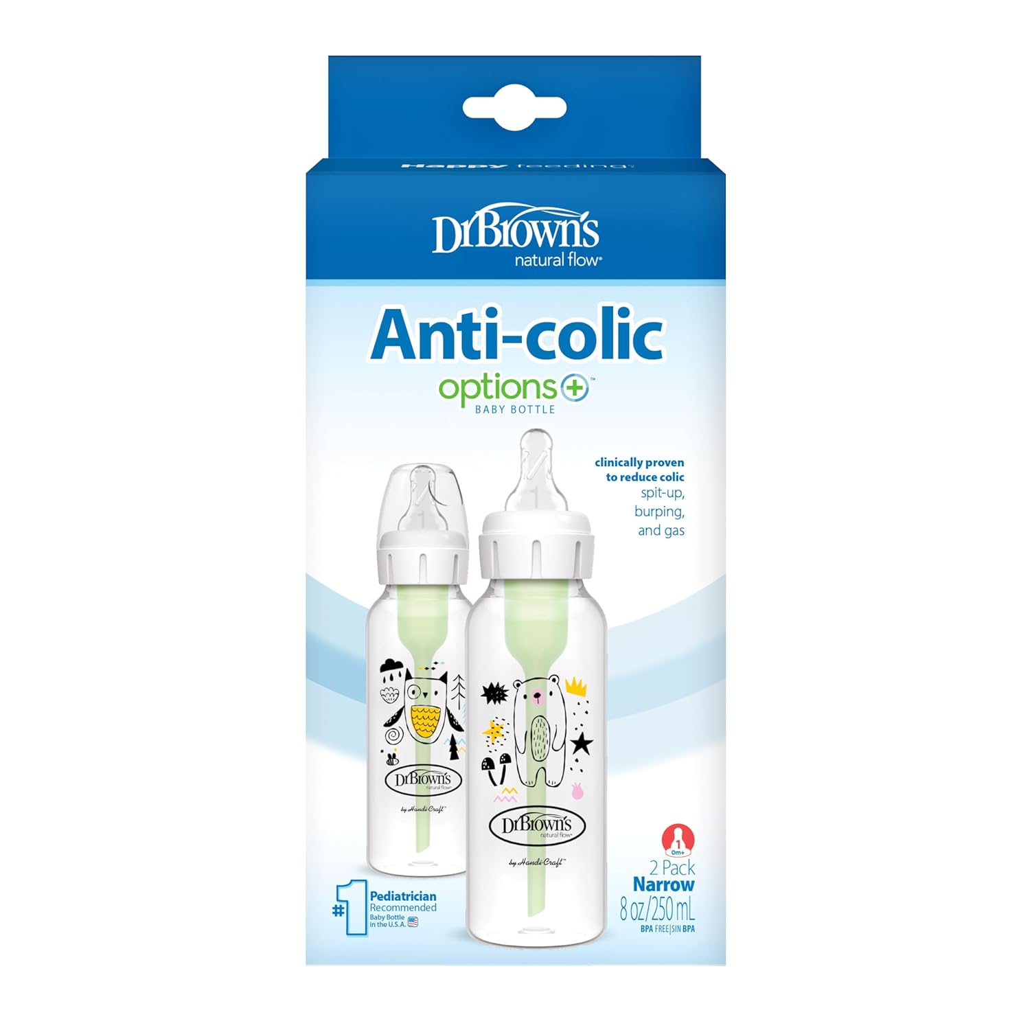 Natural Flow Anti-Colic Options+ Narrow Baby Bottle, Bear & Owl, 8 Oz/250 Ml, with Level 1 Slow Flow Nipple, BPA Free, 0M+, 2-Pack