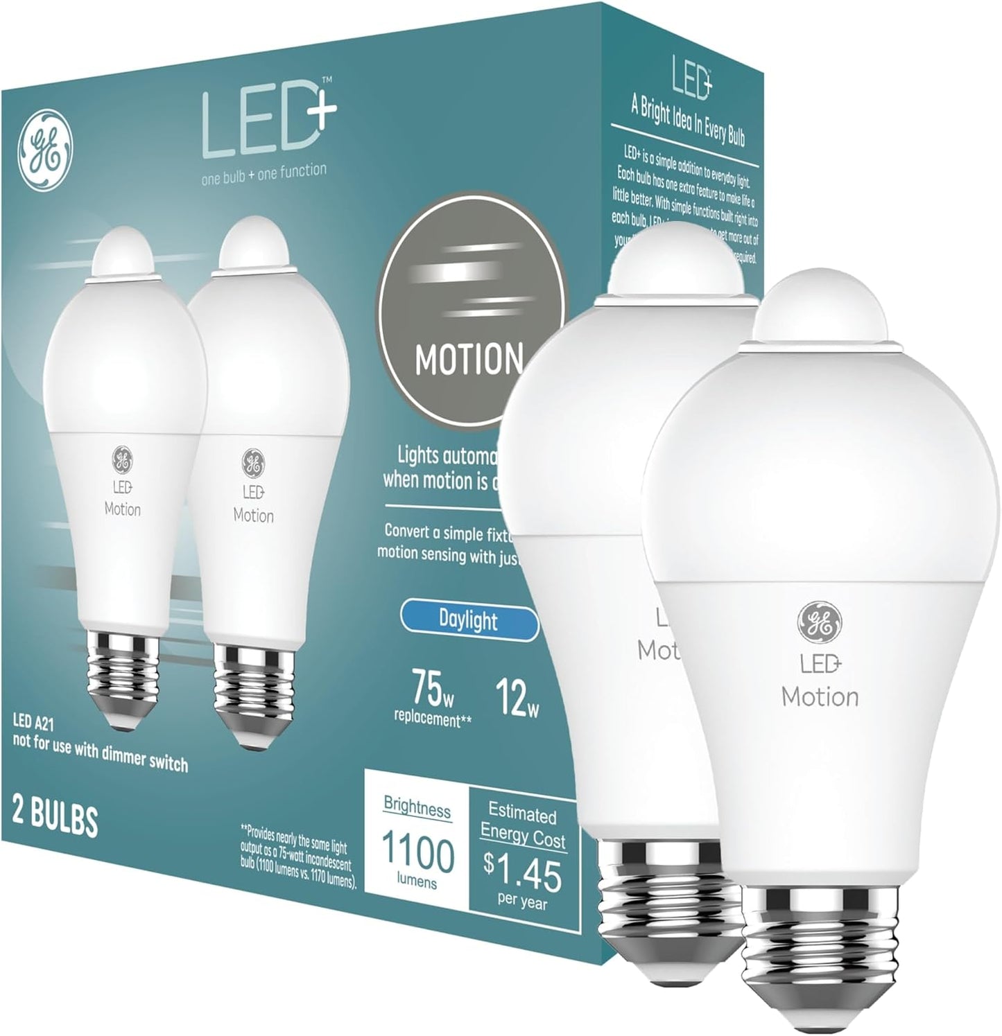 LED+ Motion Sensor LED Light Bulbs, 12W, Outdoor Security Lights, Daylight, A21 (2 Pack)