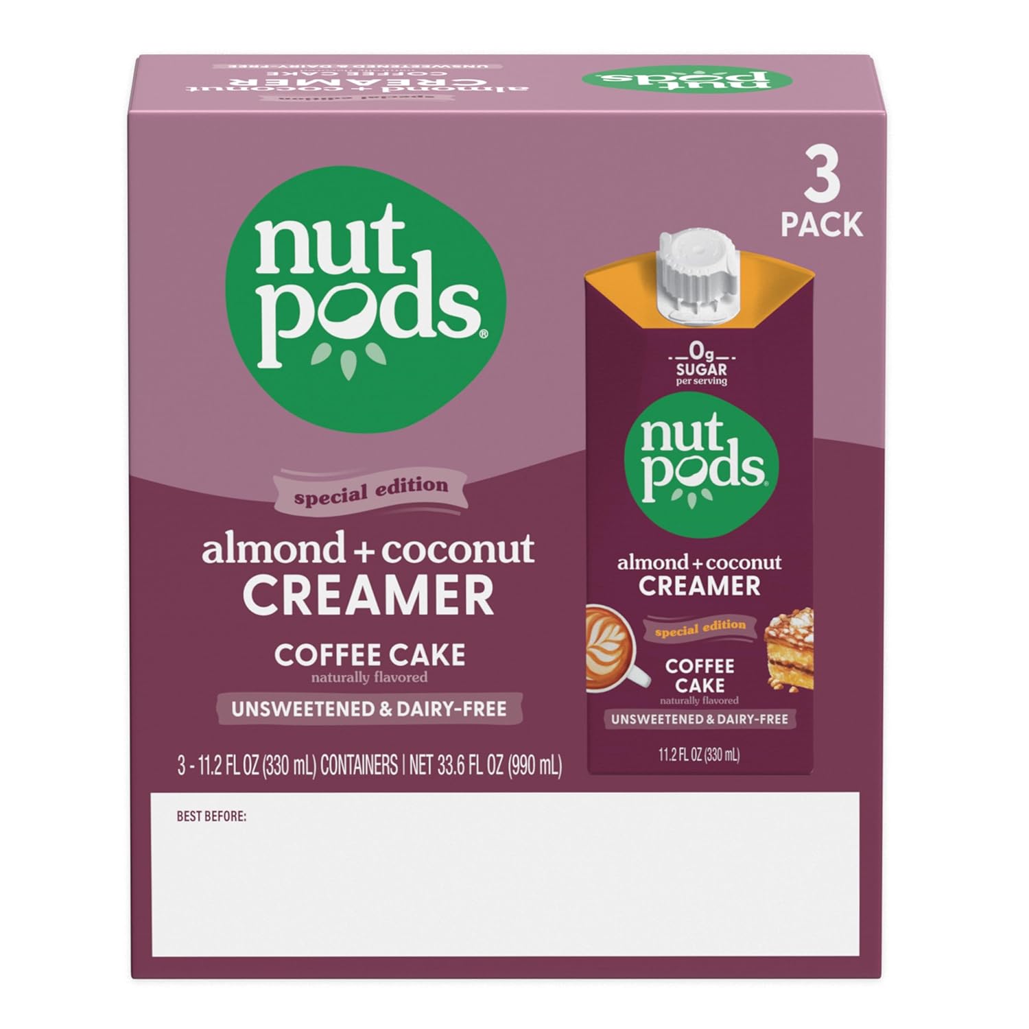 Coffee Cake Unsweetened Dairy-Free Creamer, Made from Almonds and Coconuts, Whole30, Keto, Gluten Free, Non-Gmo, Vegan, Kosher (3-Pack)