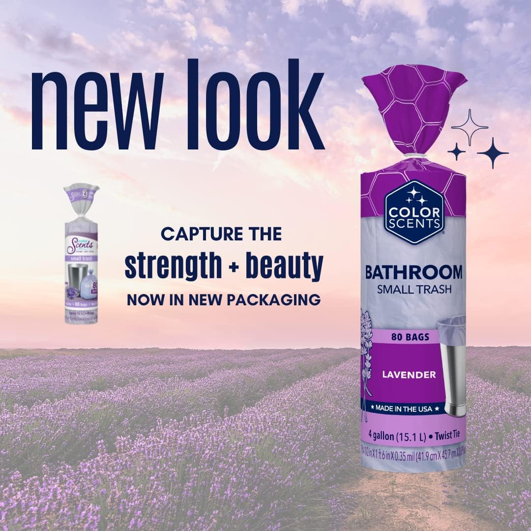 Small Trash Bags - 4 Gallon, 80 Bags (2 Pack of 80 Count), Twist Tie - Lavender Bag in Lavender Scent