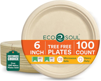 Compostable Paper Plates 6 Inch (100 Count) Heavy Duty Disposable Dessert Plates, Eco-Friendly Sugarcane Bagasse Small Plates for Appetizer- Natural Brown