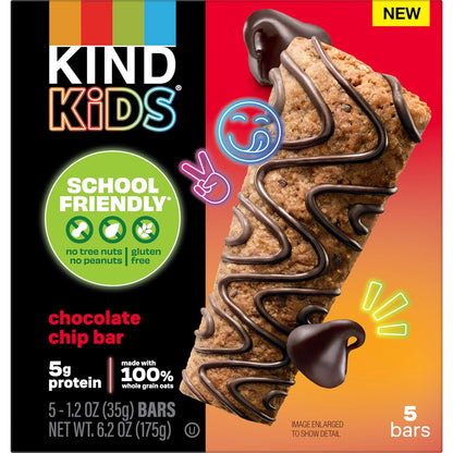 Kids Snacks, Chocolate Chip Bar, Tree Nut and Peanut Free, Gluten Free, Whole Grains and Oats, 5G Protein, 5 Count