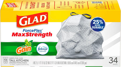 Tall Kitchen Trash Bags 13 Gallon, Gain Original Garbage Bags, Odorshield with Drawstring, 34 Count