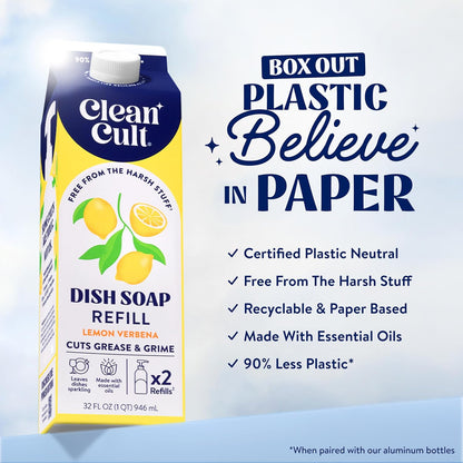 Dish Soap Liquid Refill (32Oz, 1 Pack) - Plant Based Cleaning Power - Dish Soap That Cuts Grease & Grime - Free of Harsh Chemicals - Uses 90% Less Plastic - Lemon Verbena