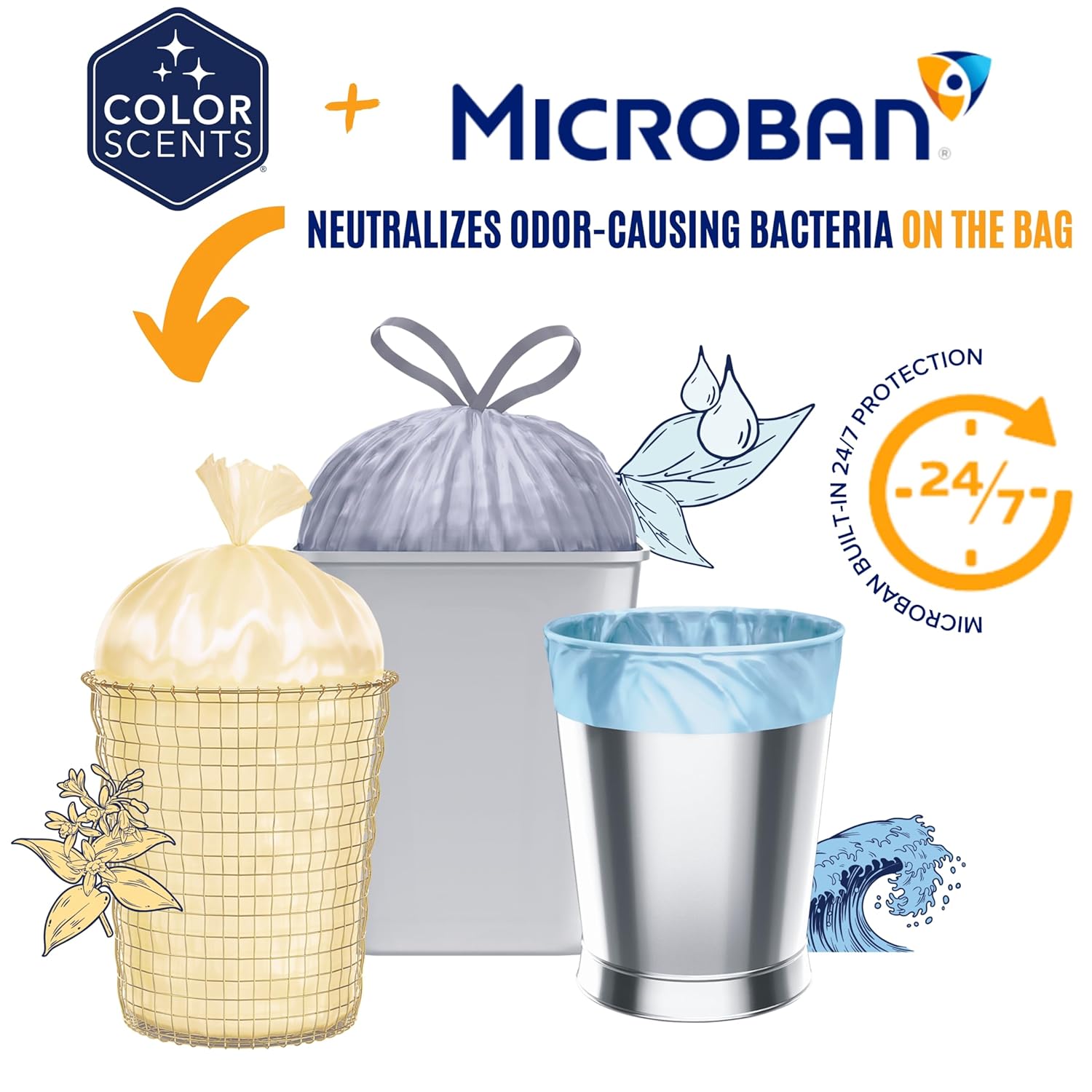 Small Trash Bags - 4 Gallon, 200 Bags (1 Pack of 200 Count), Drawstring - Silver Bag in Simply Clean Scent with Microban