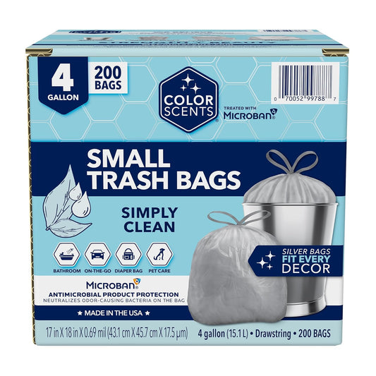 Small Trash Bags - 4 Gallon, 200 Bags (1 Pack of 200 Count), Drawstring - Silver Bag in Simply Clean Scent with Microban
