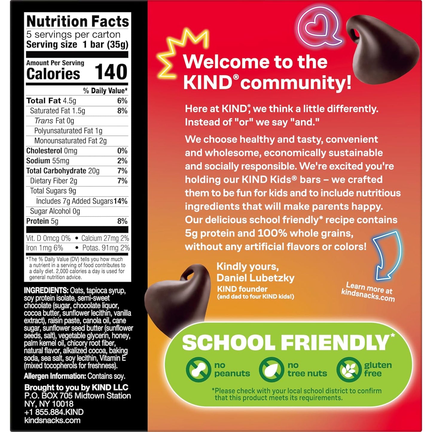 Kids Snacks, Chocolate Chip Bar, Tree Nut and Peanut Free, Gluten Free, Whole Grains and Oats, 5G Protein, 5 Count