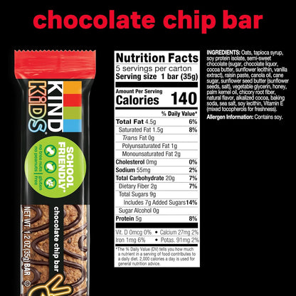 Kids Snacks, Chocolate Chip Bar, Tree Nut and Peanut Free, Gluten Free, Whole Grains and Oats, 5G Protein, 5 Count