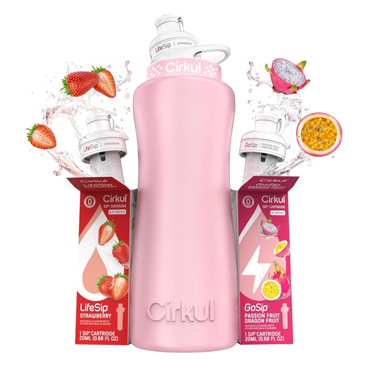 32Oz. Blush Pink Stainless Steel Water Bottle Starter Kit with Pink Lid and 2 Flavor Cartridges (1 Lifesip Strawberry, 1 Gosip Passion Fruit Dragon Fruit) No Sugar, Zero Calorie Drink Mix