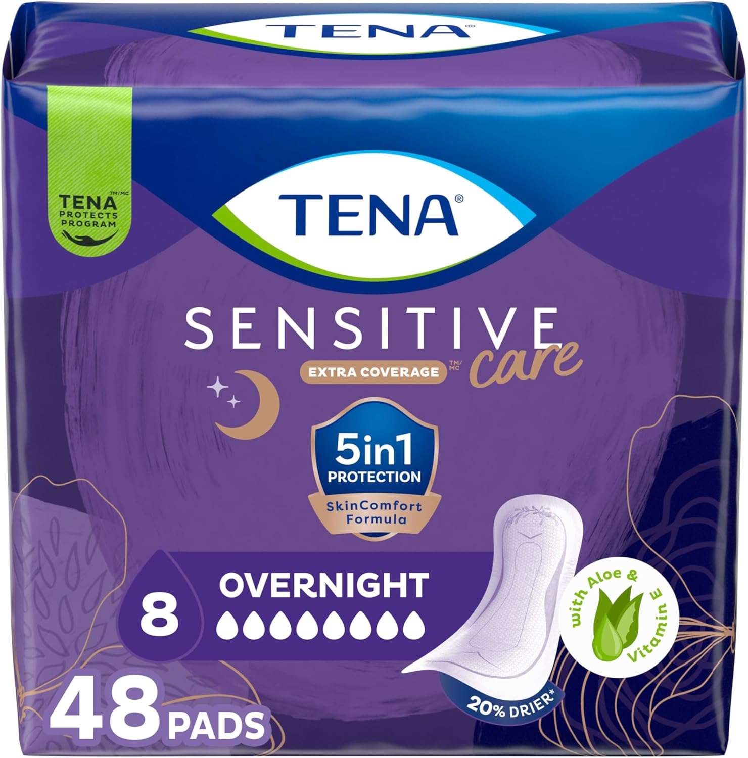 Sensitive Care Extra Coverage Overnight Incontinence Pads for Women, Bladder Control and Postpartum, Aloe and Vitamin E Infused, 48 Count