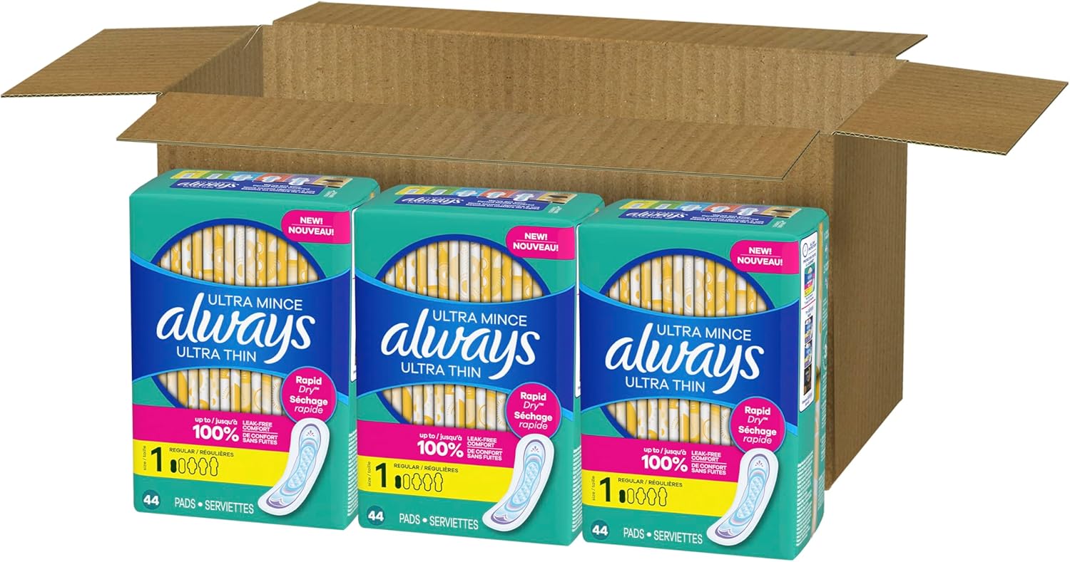 Ultra Thin Pads without Wings, Size 1, Regular, 132 Count (3 Packs of 44)