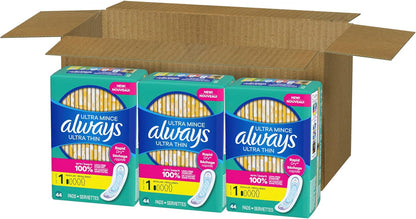 Ultra Thin Pads without Wings, Size 1, Regular, 132 Count (3 Packs of 44)