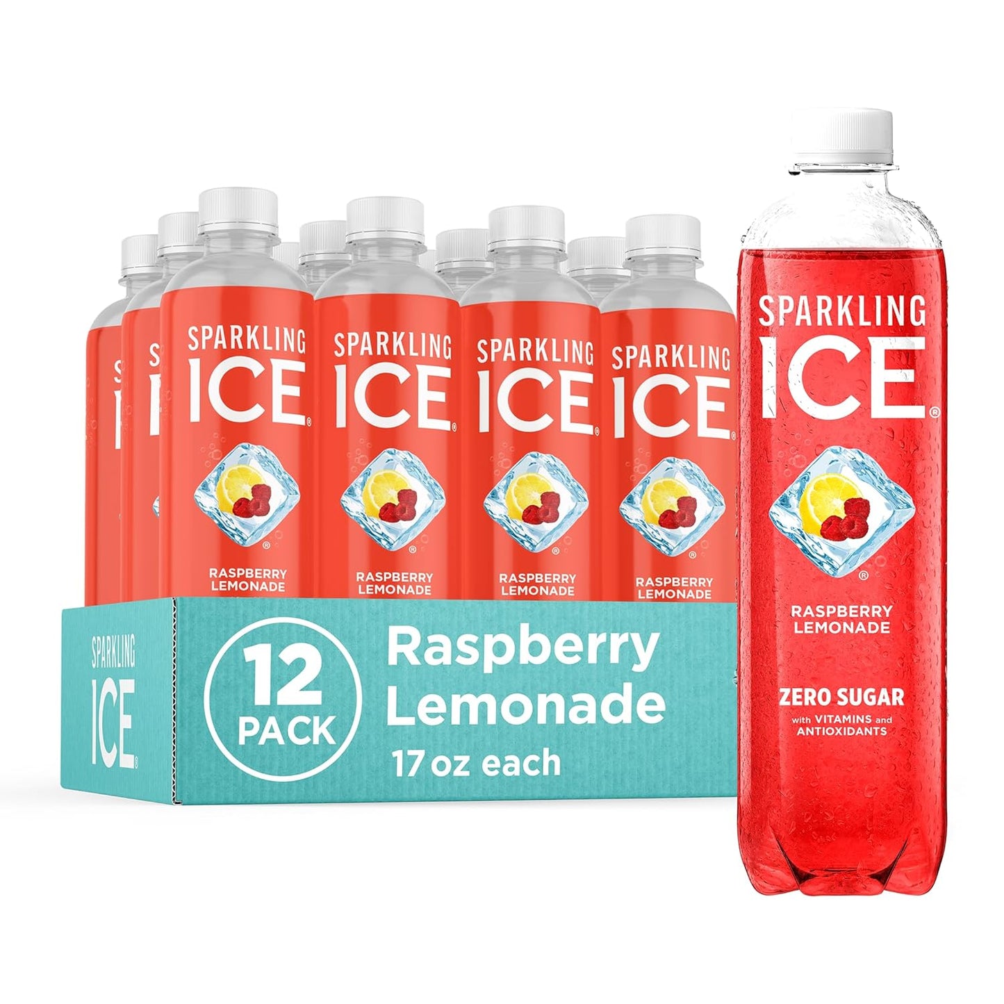 , Raspberry Lemonade Sparkling Water, Zero Sugar Flavored Water, with Vitamins and Antioxidants, Low Calorie Beverage, 17 Fl Oz Bottles (Pack of 12)