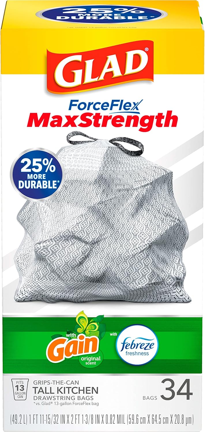 Tall Kitchen Trash Bags 13 Gallon, Gain Original Garbage Bags, Odorshield with Drawstring, 34 Count