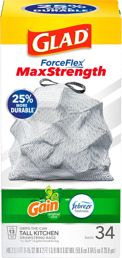 Tall Kitchen Trash Bags 13 Gallon, Gain Original Garbage Bags, Odorshield with Drawstring, 34 Count