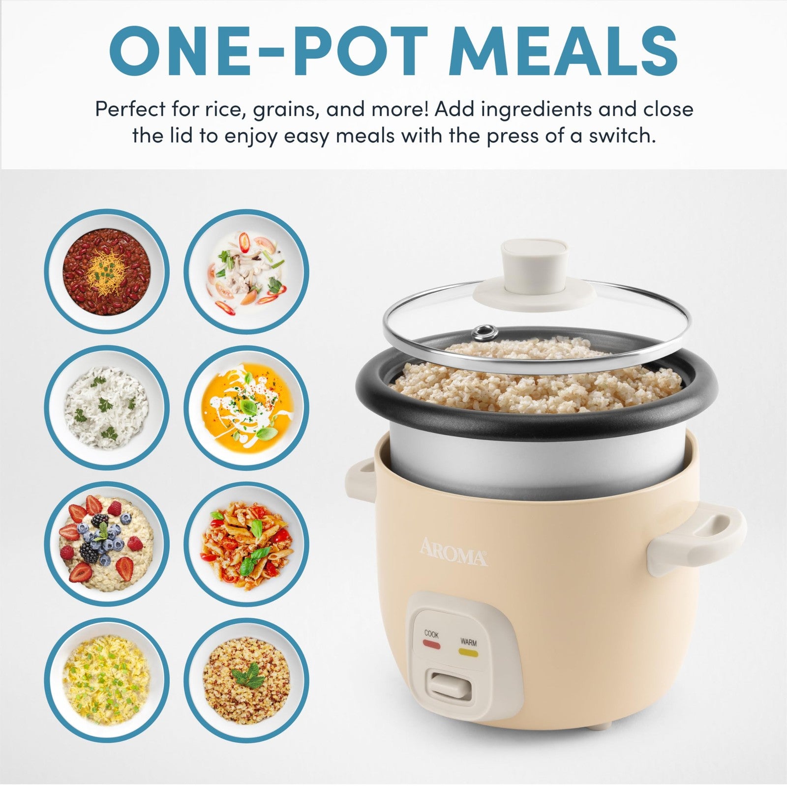 Aroma 1-Qt Mini Rice Cooker 2-Cup Uncooked Soup Oatmeal Auto Keep-Warm Milk Tea